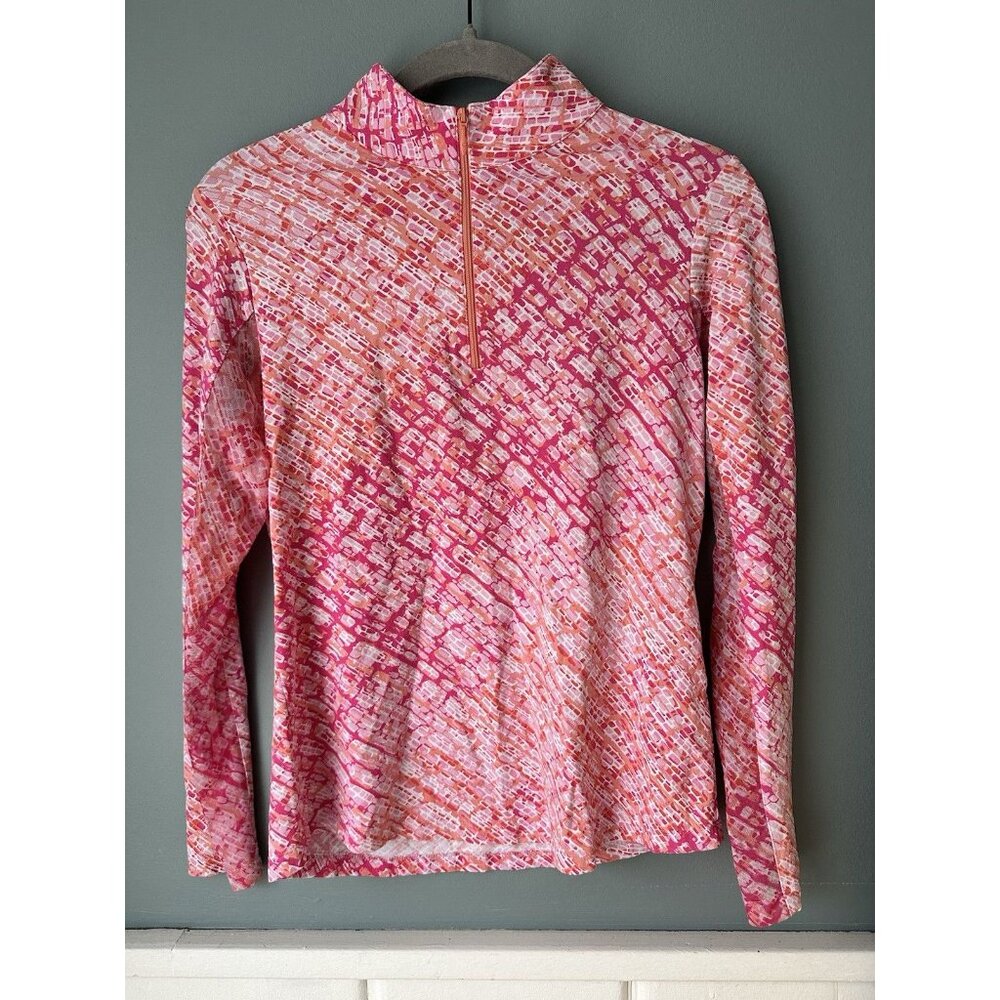 IBKUL Venetian Tile Coral Red White Long Sleeve Mock Zip‎ Golf Tennis Top Size S
